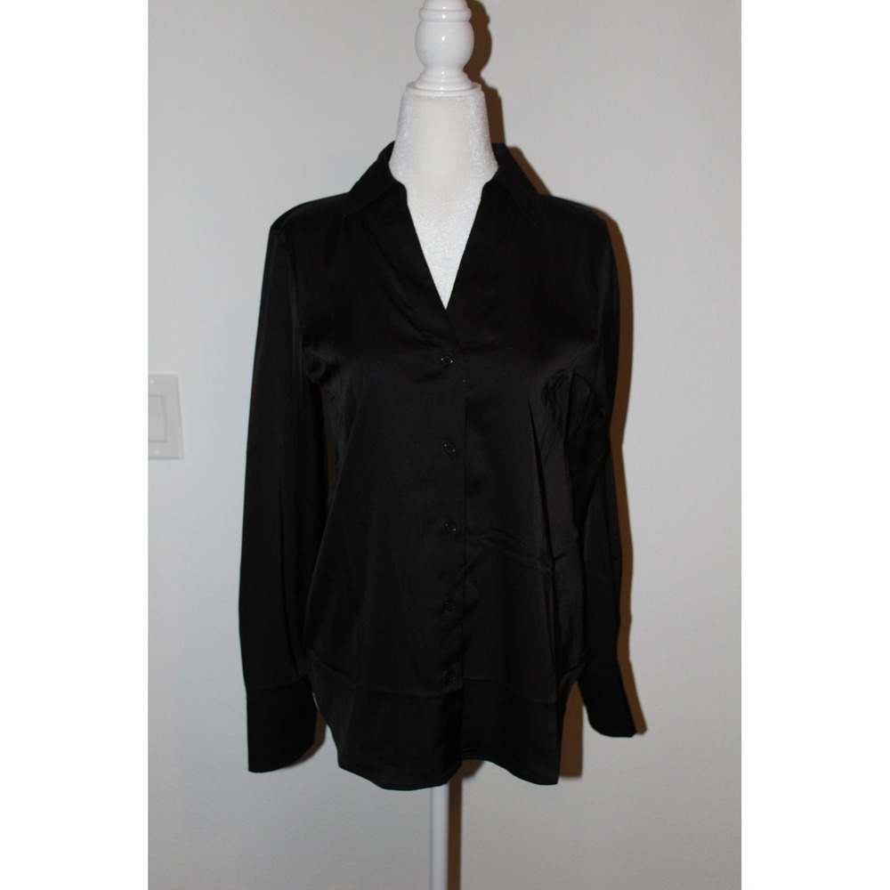 H&M Women's Black Satin Button Down Blouse Long Sleeve Collared Shirt XS NWT